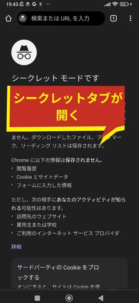 左上に、帽子と眼鏡のマークが表示された新しいタブが開くと、シークレットモードが有効の状態